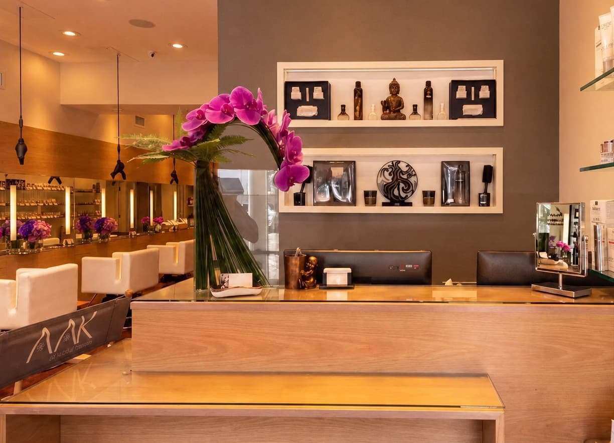 Front desk with orchids and hair-care products at 27 Hampton Salon in Southampton, NY